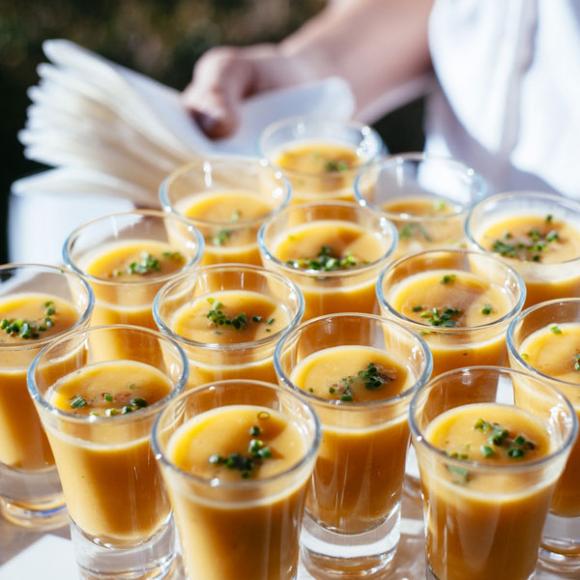  / Sweet potato soup shooters with crumbled maple bacon